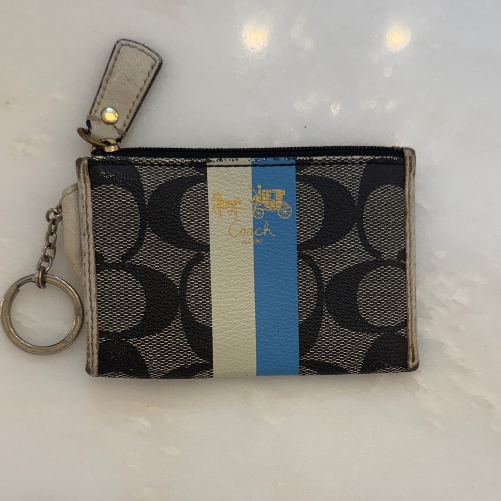 Coach Black and Cream Stripe Keychain Wallet